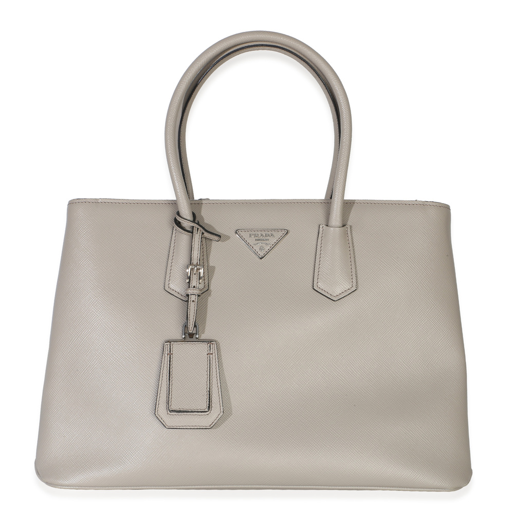 Prada Light Grey Saffiano Cuir Large Turnlock Twin Tote